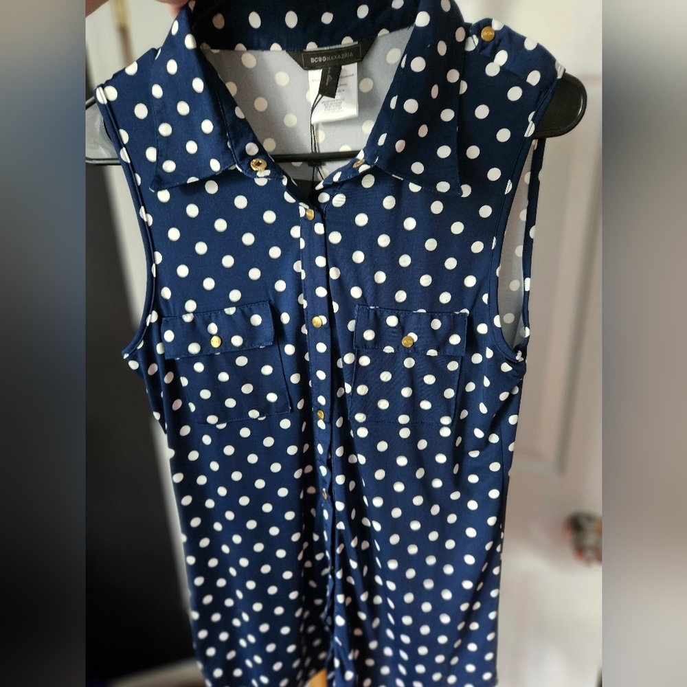 BCBGMaxAzria Navy and White Polka Dot Top